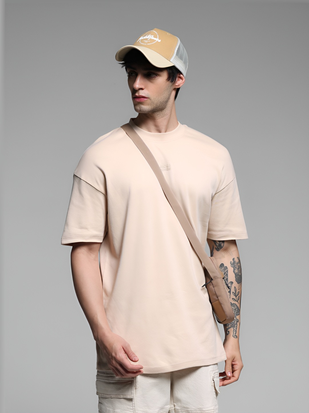 

Jack & Jones Men Solid Round Neck Cotton Oversized T-shirt, Beige