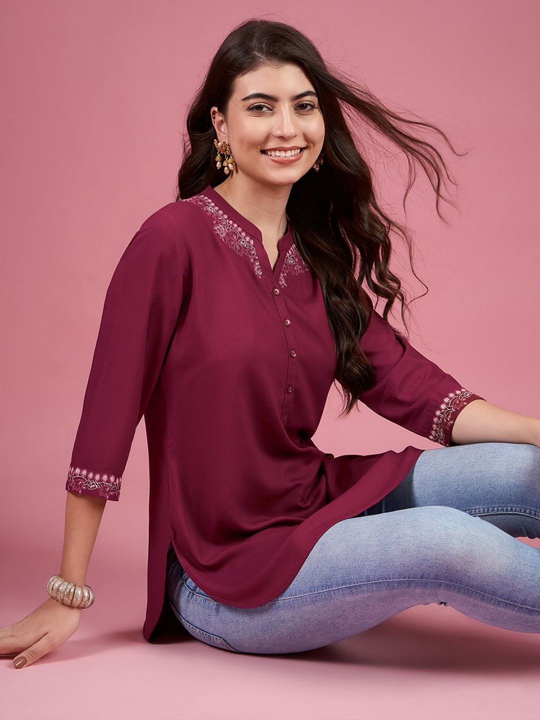 

Anouk Women Embroidered Neck Kurta Style Top, Maroon