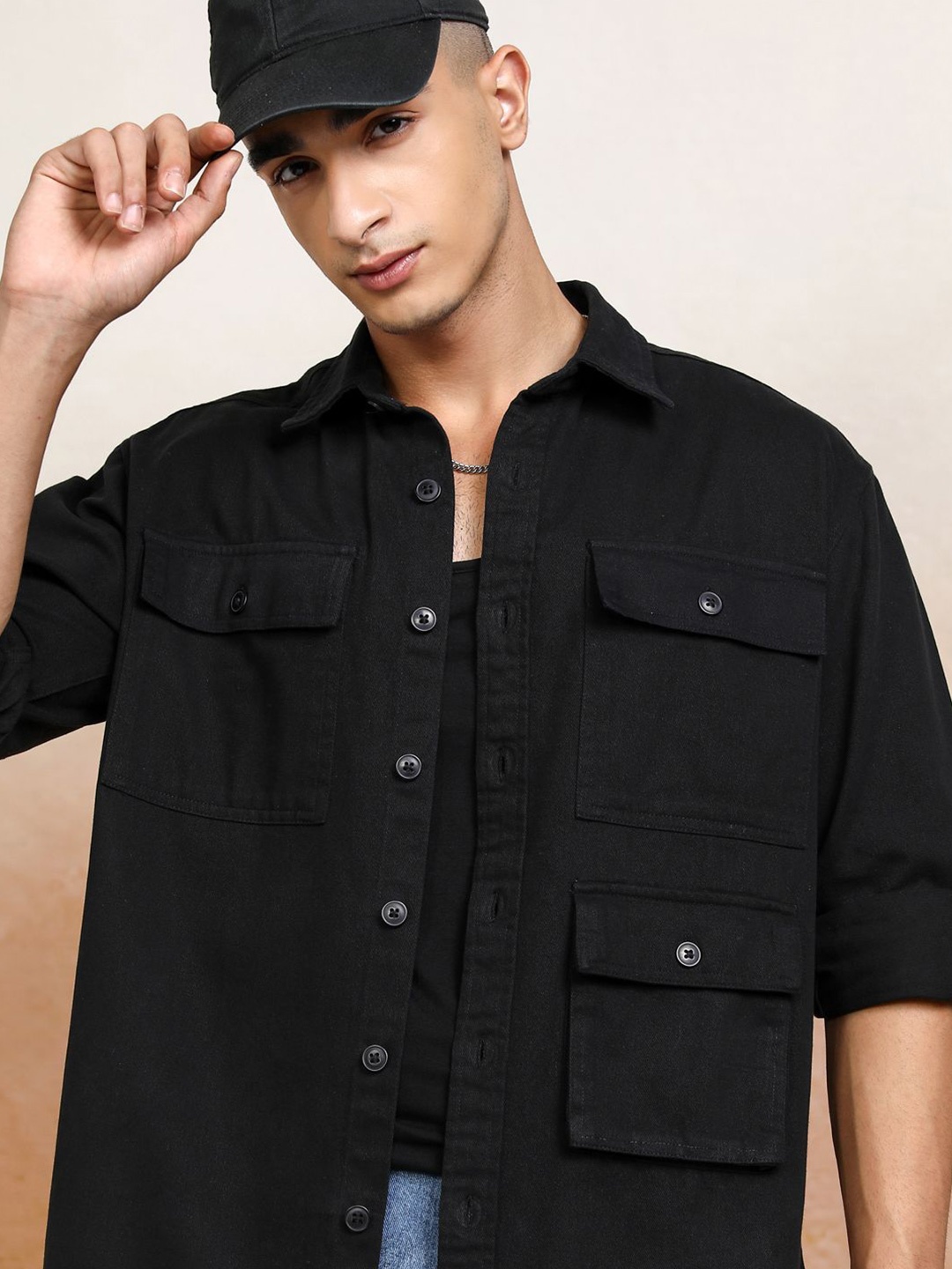 

Ketch Men Solid Utility Pocket Overshirt, Black