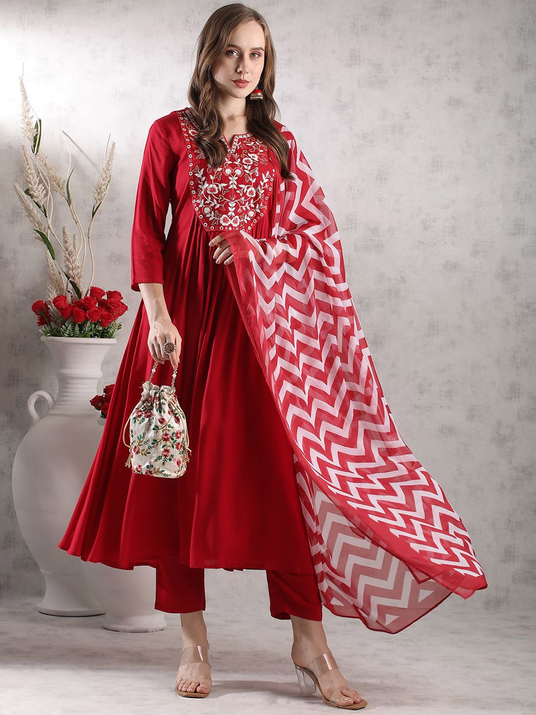 

Anni Designer Floral Embroidered Anarkali Kurta With Trouser & Dupatta, Red