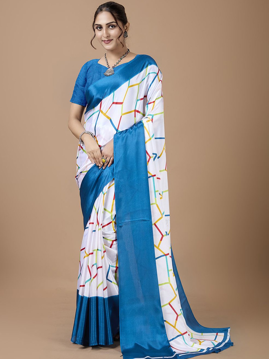 

NIRMAL CREATION Geometric Printed Saree, Blue