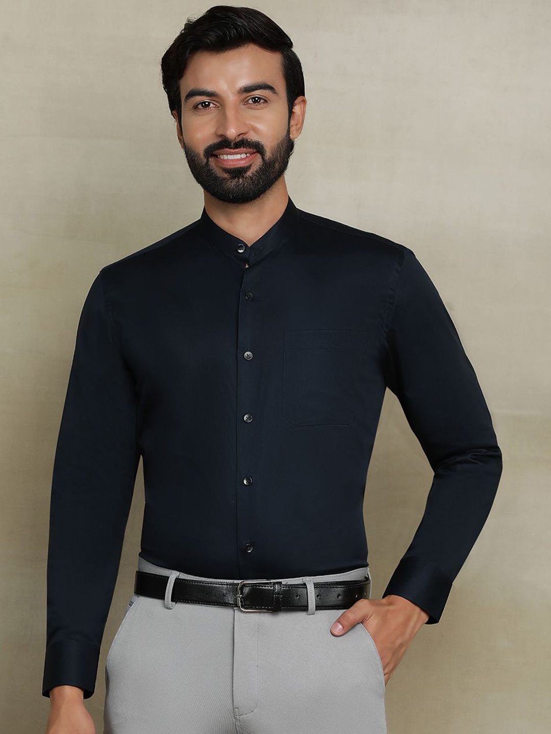 

METAL Men Band Collar Solid Cotton Slim Fit Formal Shirt, Navy blue