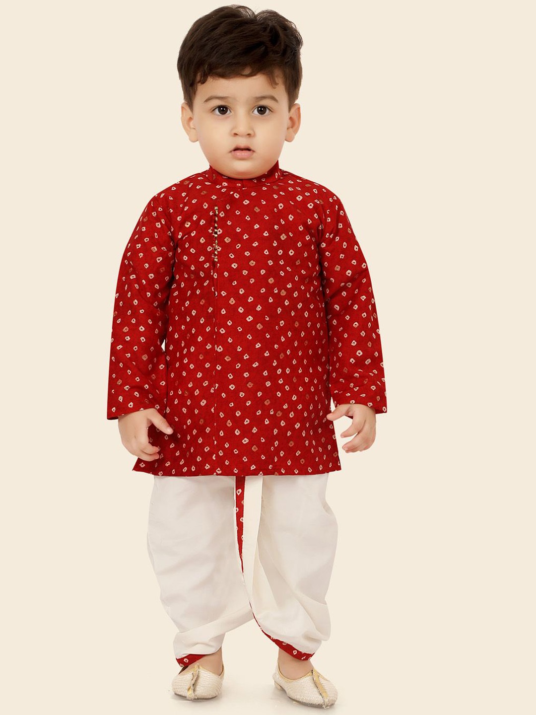 

Ethniks Neu-Ron Infant Bandhani Printed Pure Cotton Straight Kurta With Dhoti Pants, Red