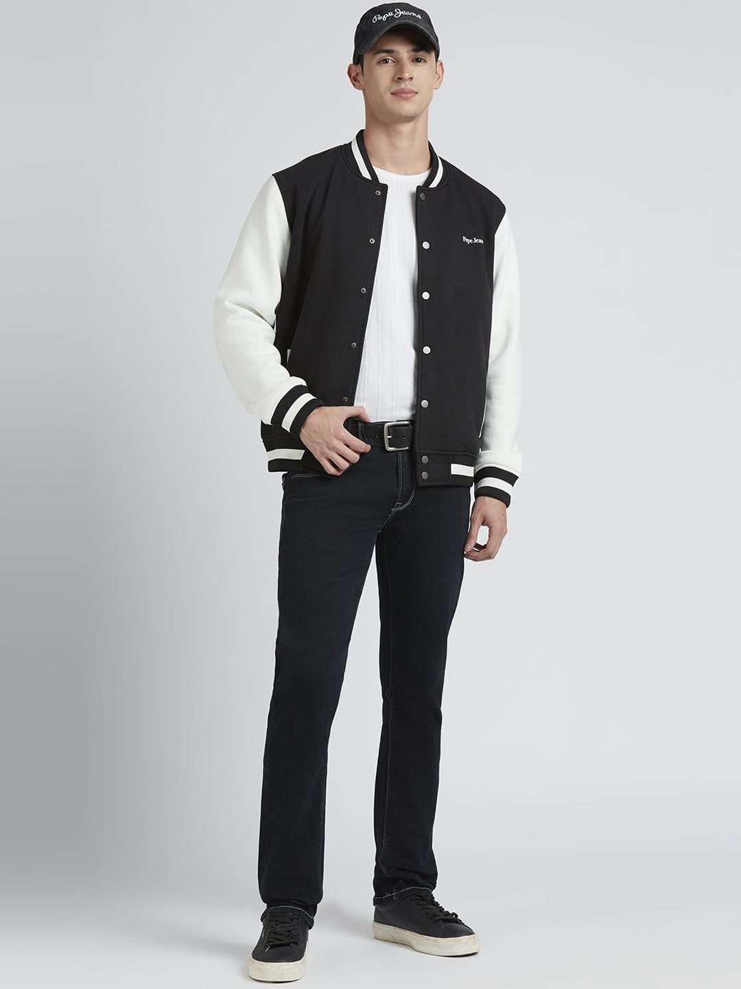 

Pepe Jeans Men Stand Collar Typography Printed Cotton Casual Sporty Jacket, Black