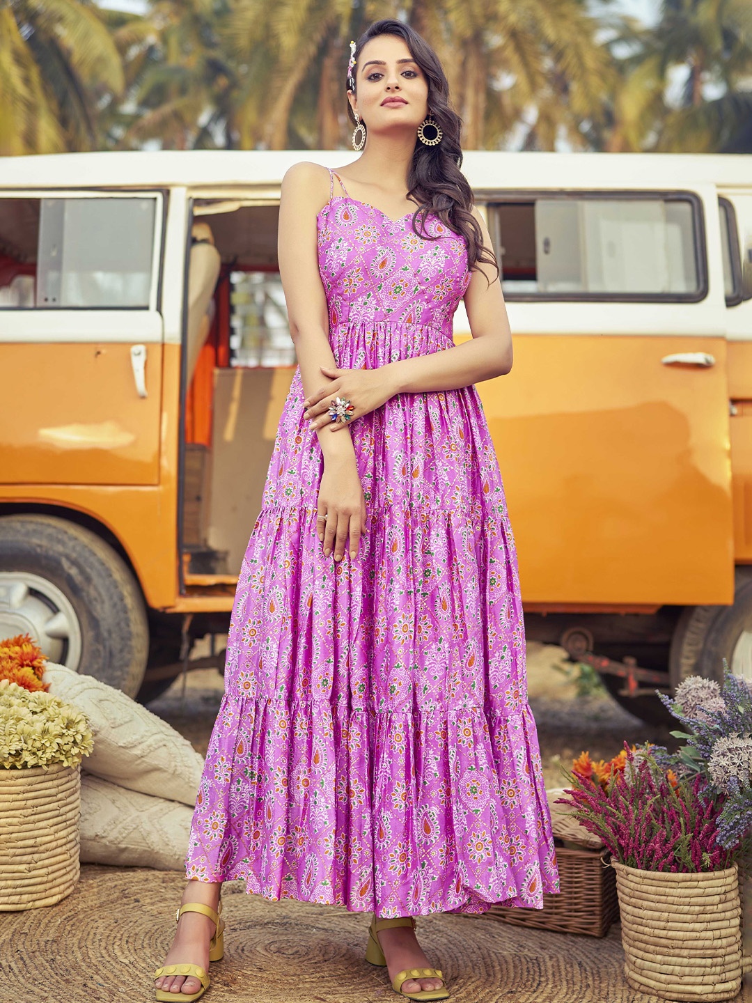 

Chandbaali Women Ethnic Motifs Print Fit & Flare Midi Dress, Purple