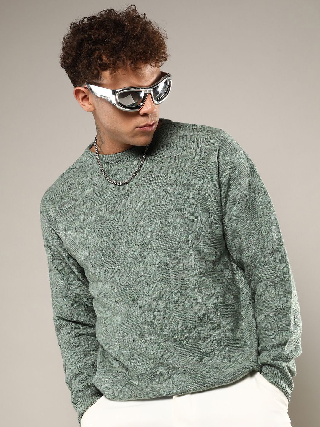 

Campus Sutra Men Pullover Self Design Sweaters, Green