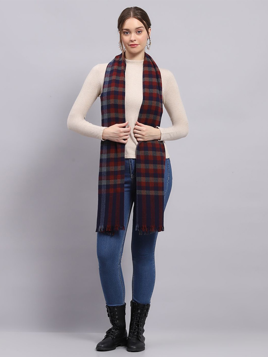 

Monte Carlo Women Tasselled Checked Stole, Navy blue