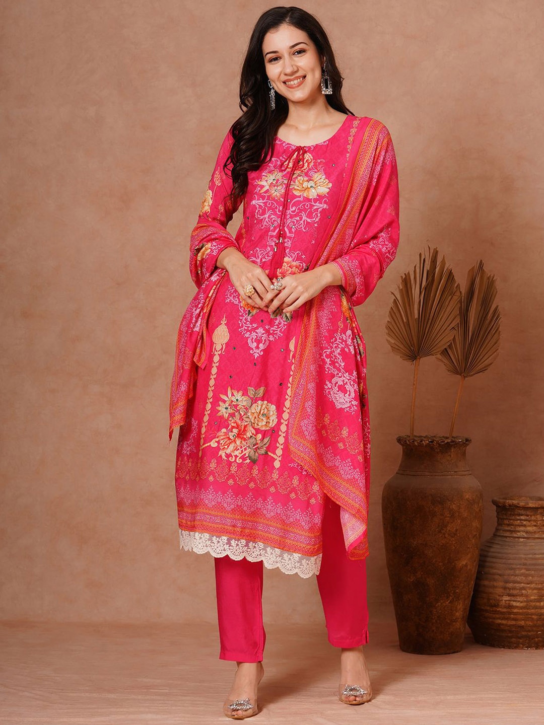 

FASHOR Floral Printed Mirror Work Straight Kurta With Trouser & Dupatta, Pink