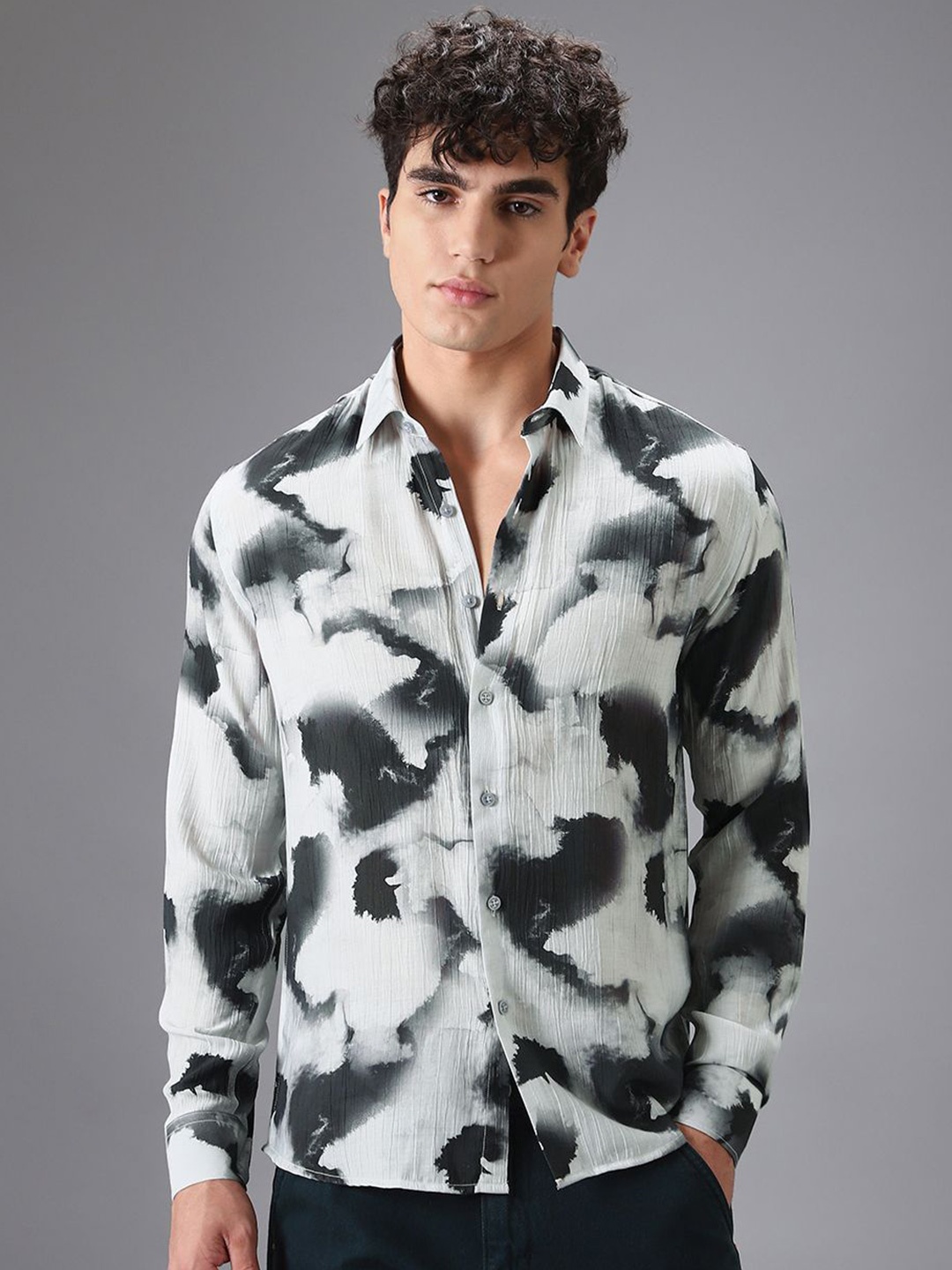 

Banana Club Men Classic Slim Fit Semi Sheer Printed Casual Shirt, Black