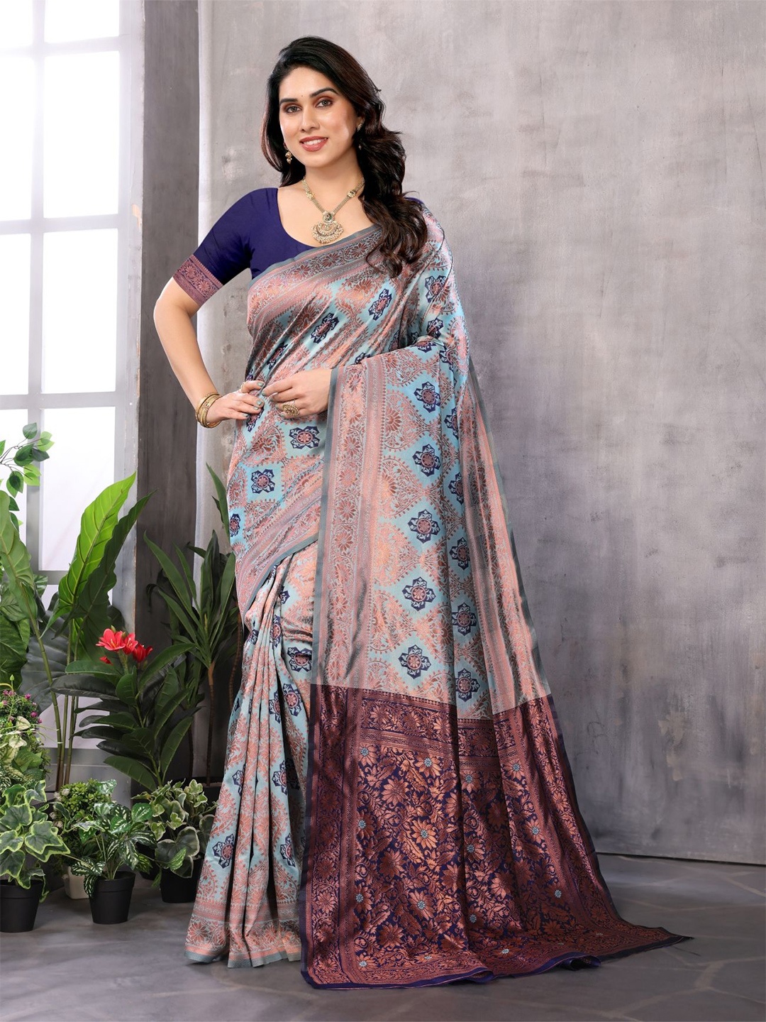 

vj fashion Woven Design Zari Silk Blend Saree, Blue
