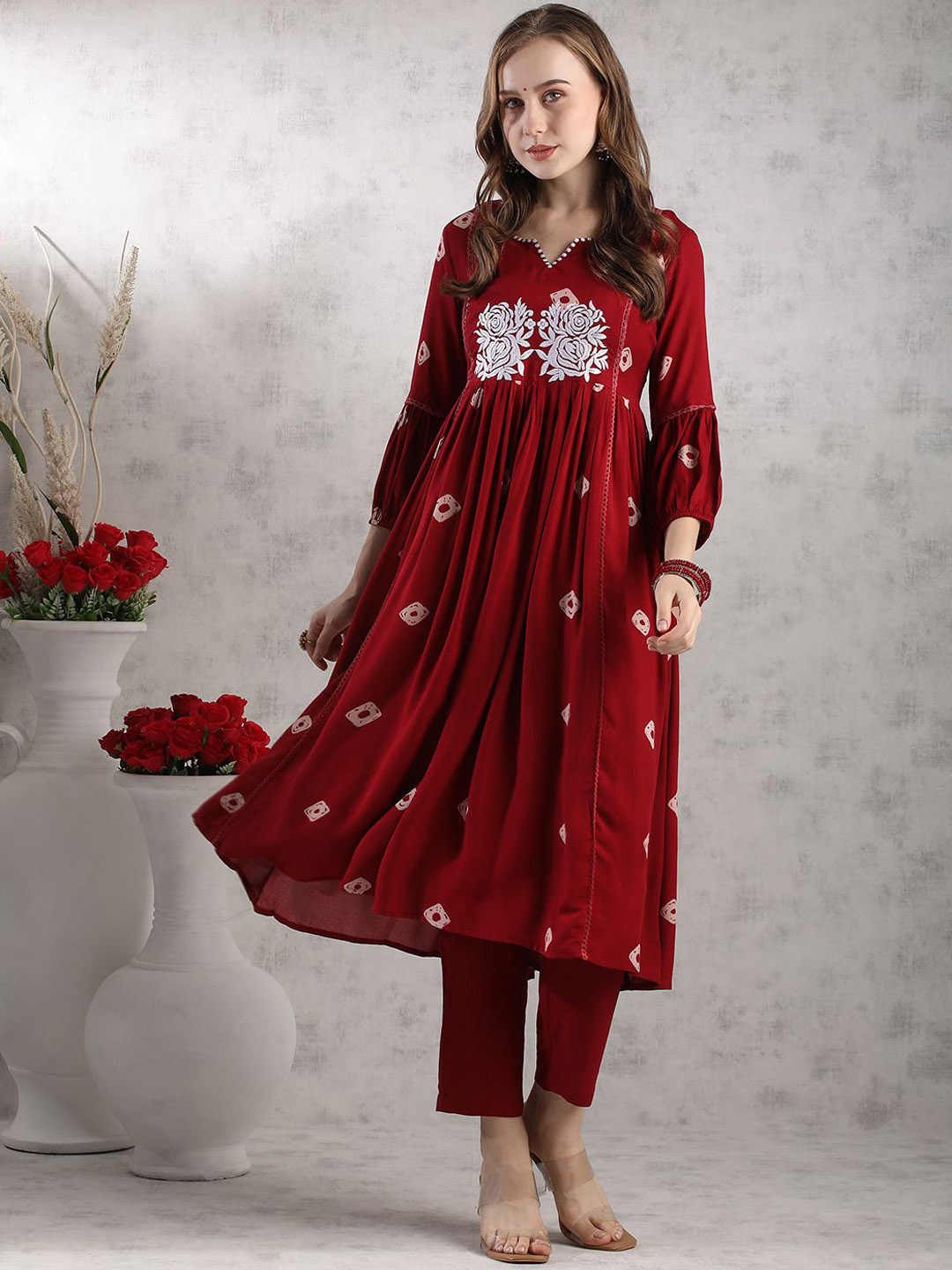 

GoSriKi Floral Embroidered Thread Work Anarkali Kurta with Trousers, Maroon