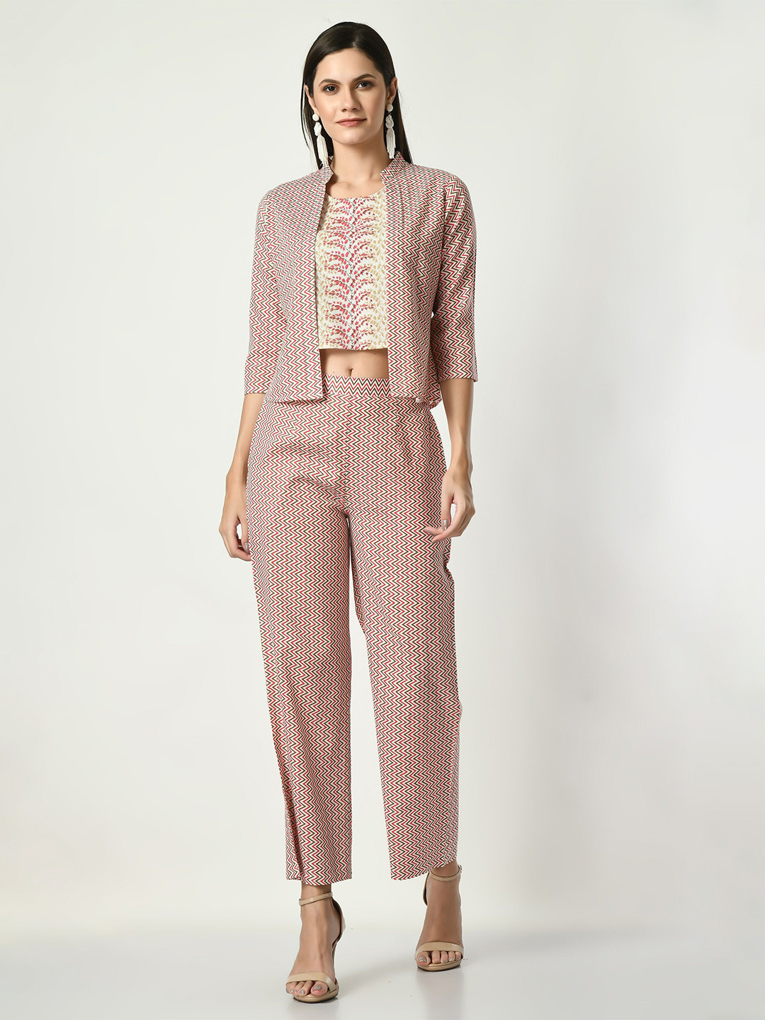 

VAPPSYAM Printed Top With Trouser & Jacket Co-Ords, Pink