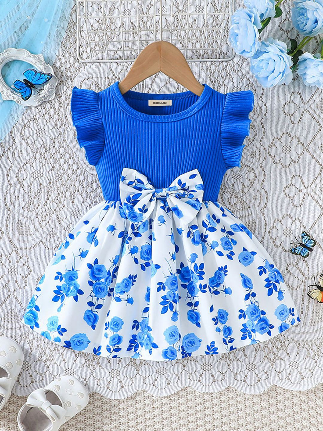 

INCLUD Girls Floral Print Fit & Flare Dress With Bow Details, Blue