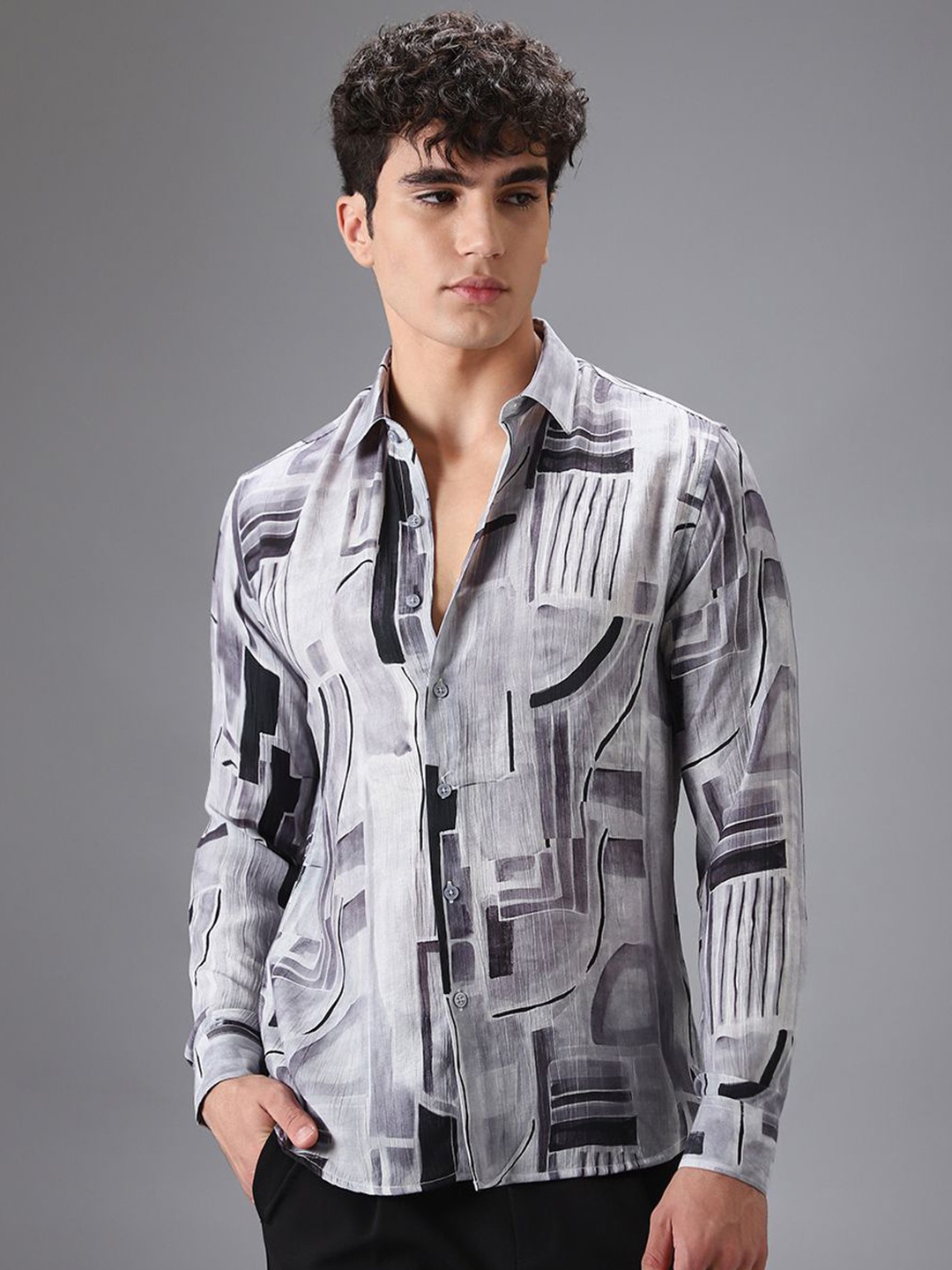 

Banana Club Men Classic Slim Fit Semi Sheer Printed Casual Shirt, Black