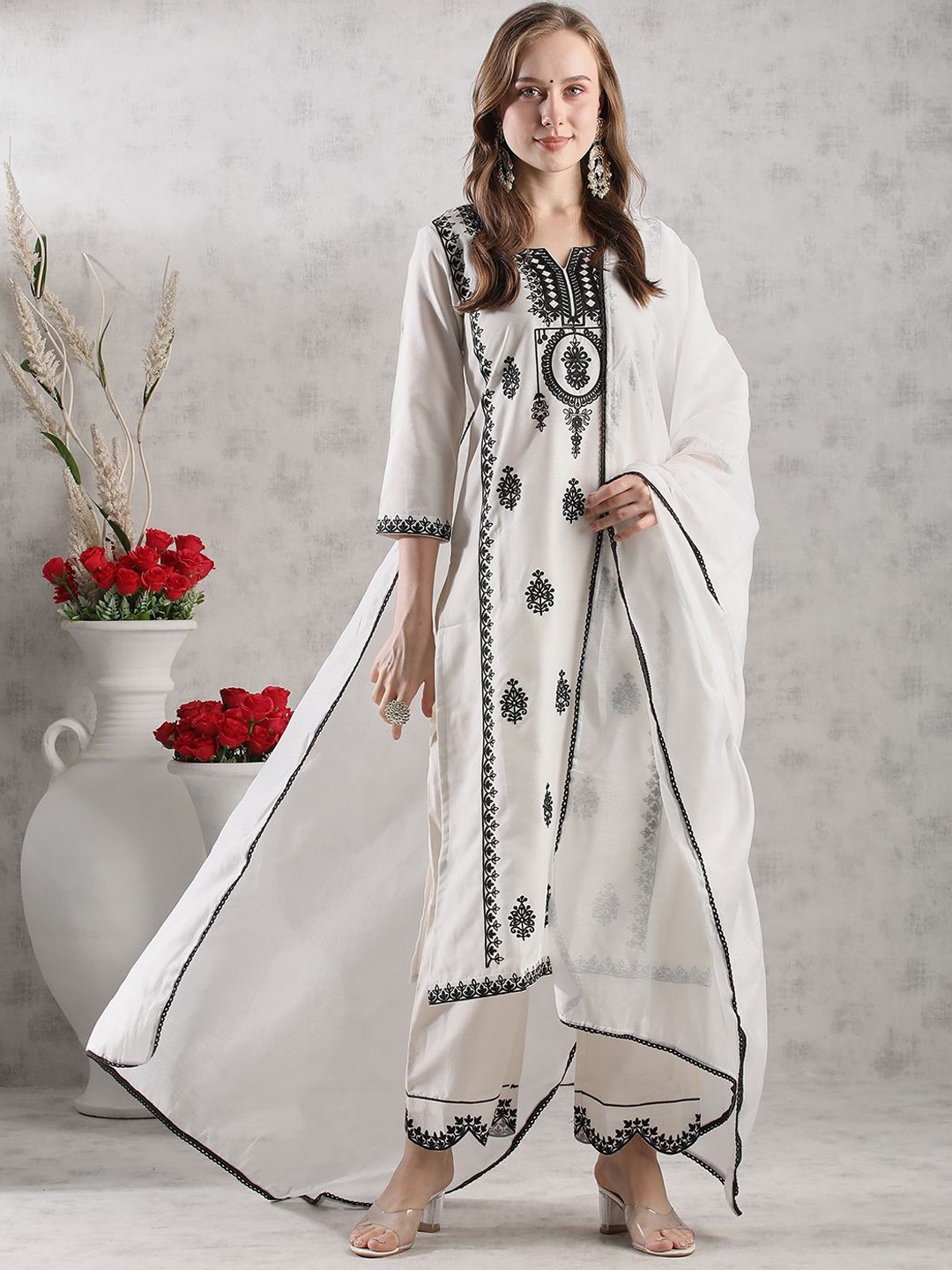 

Anni Designer Floral Embroidered Regular Straight Kurta with Palazzos & Dupatta, White