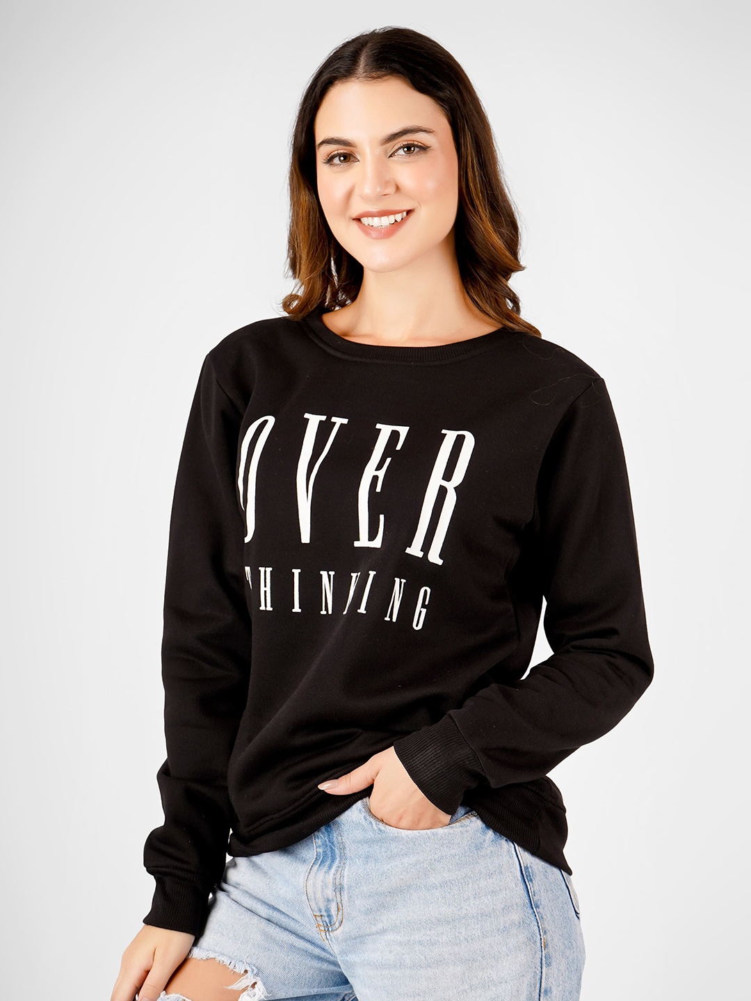 

MIMID Women Cotton Typography Printed Casual Sweatshirt, Black