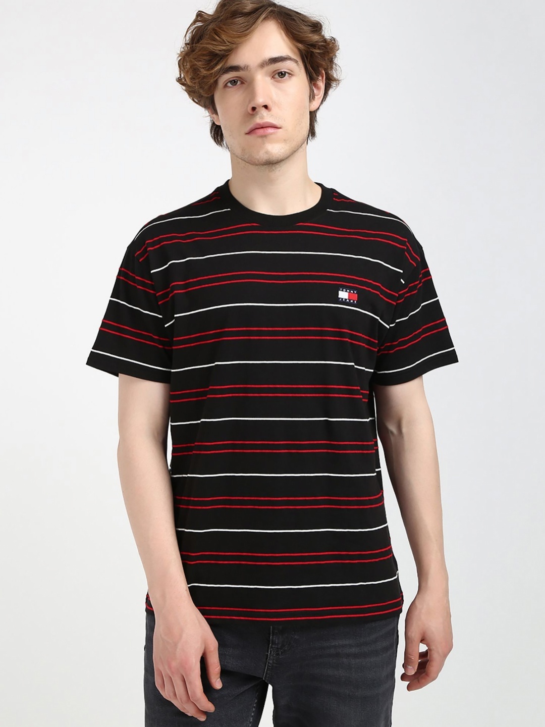 

Tommy Hilfiger Men Striped Round Neck Cotton Relaxed Fit T-shirt, Black