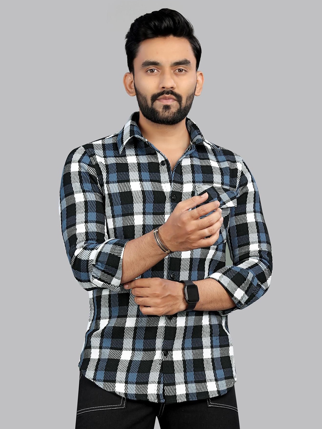

ADWYN PETER Men Classic Spread Collar Tartan Checked Cotton Casual Shirt, White