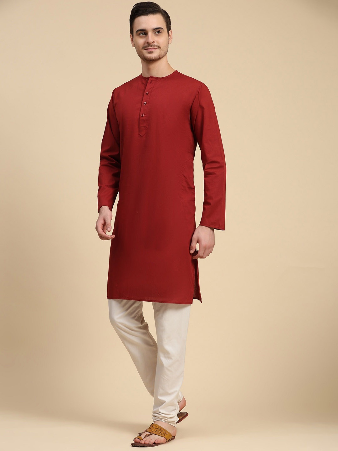 

SKAVIJ Round Neck Long Sleeves Pure Cotton Straight Kurta with Pyjamas, Red