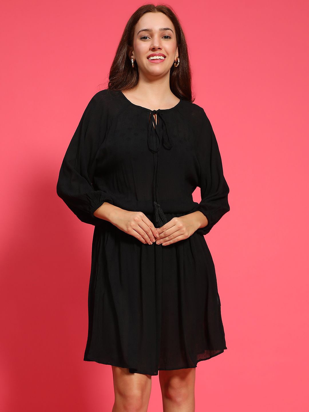 

Oxolloxo Self Design Bishop Sleeves Above Knee Blouson Dress Tie-up Detail, Black
