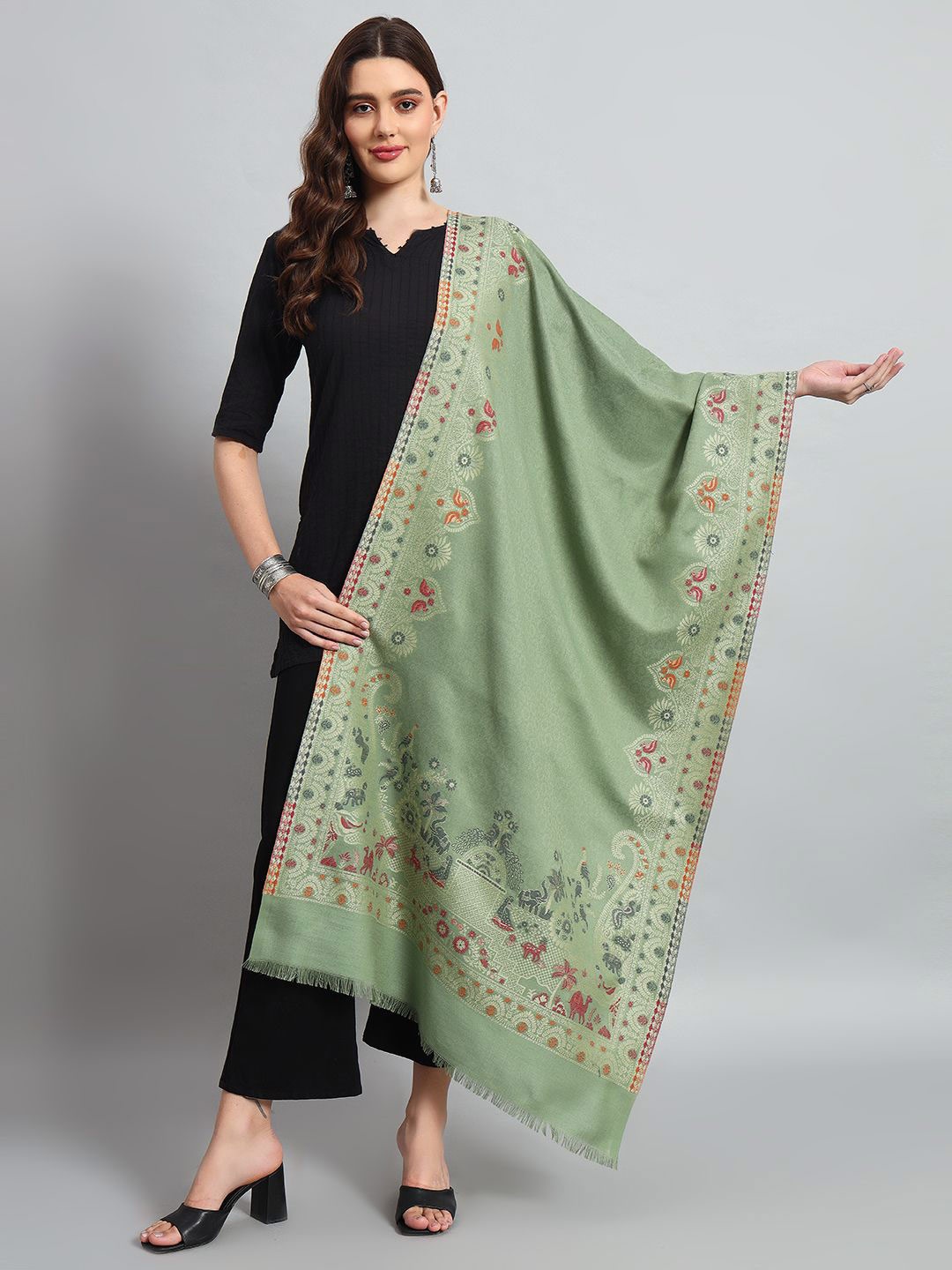 

HANDICRAFT PALACE Women Woollen Woven Design Stole, Green