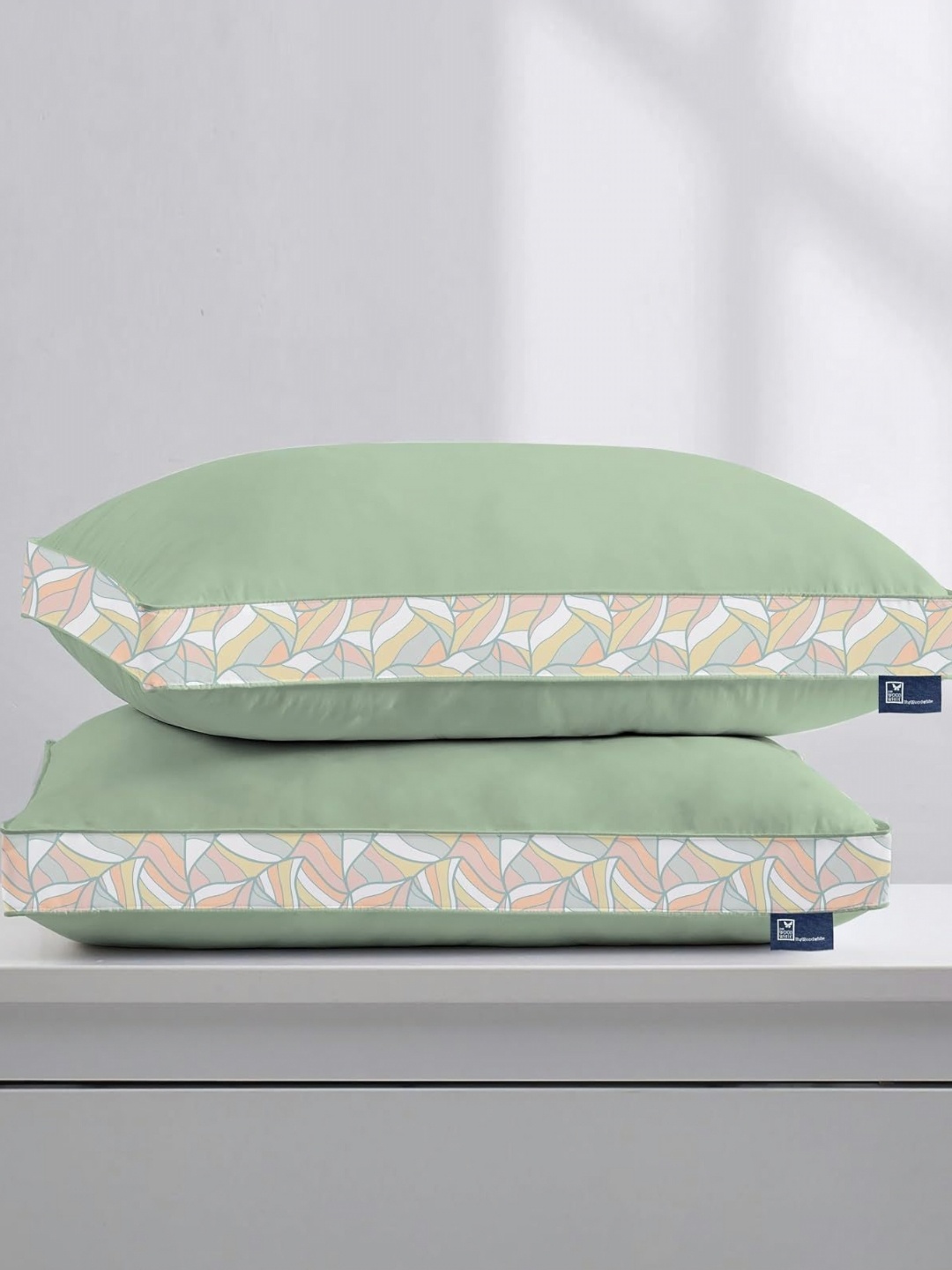 

THE WOOD WHITE Green & Orange 2 Pieces Fibre Filled Breathable Sleep Pillows