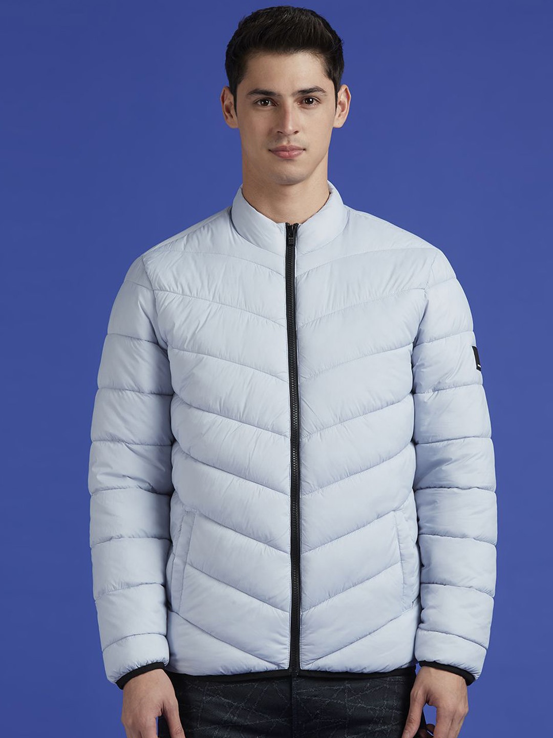 

Pepe Jeans Men Mock Collar Solid Casual Puffer Jacket, Blue