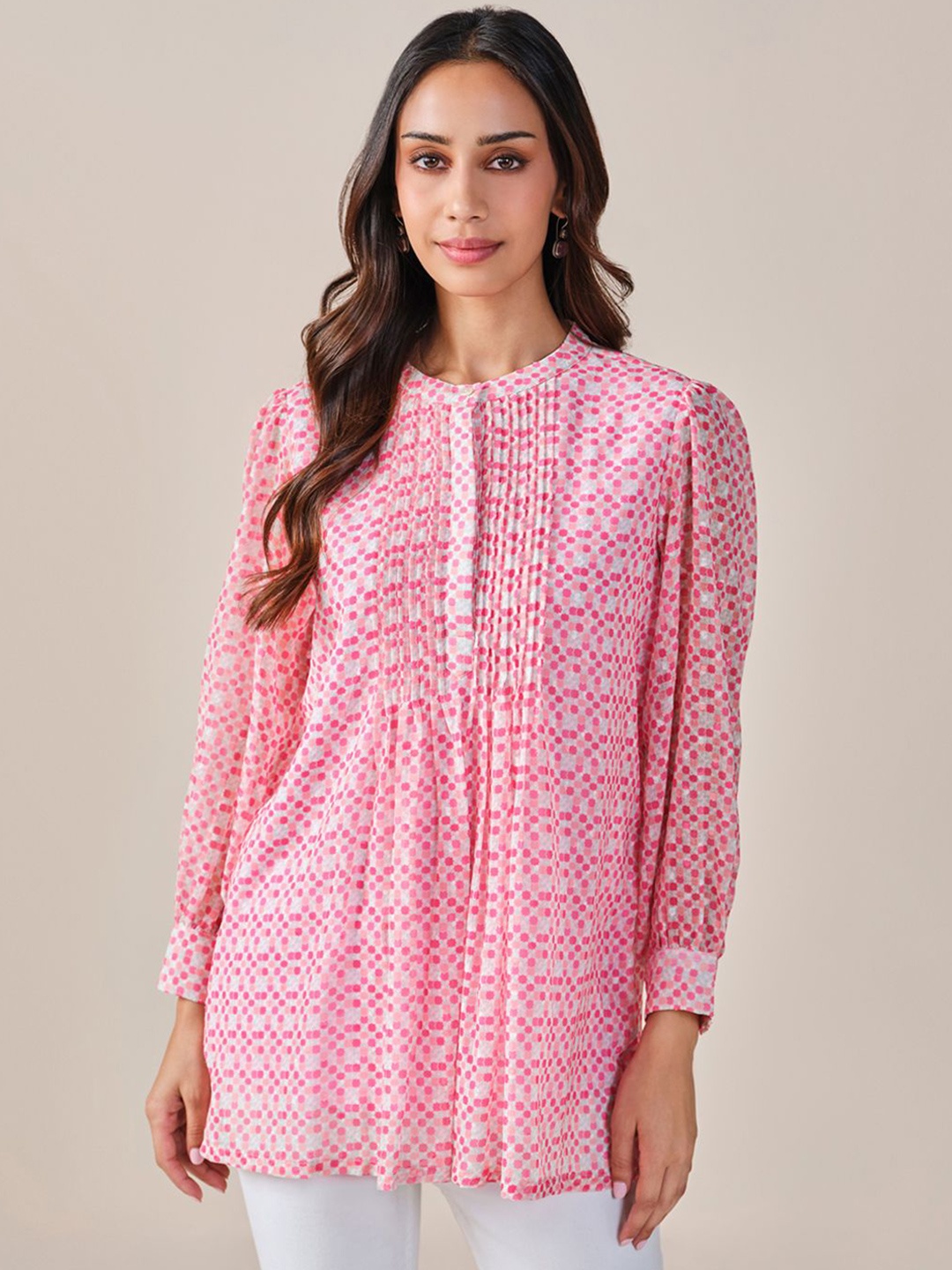 

Global Desi Women Printed Shirt Style Longline Top, Pink