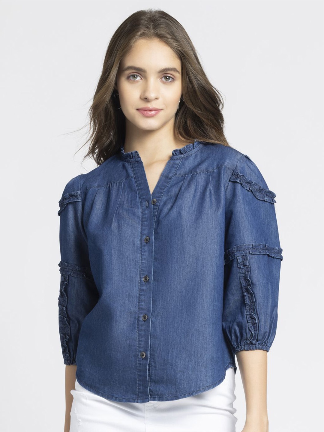 

SHAYE Women Denim Shirt Style Top, Blue