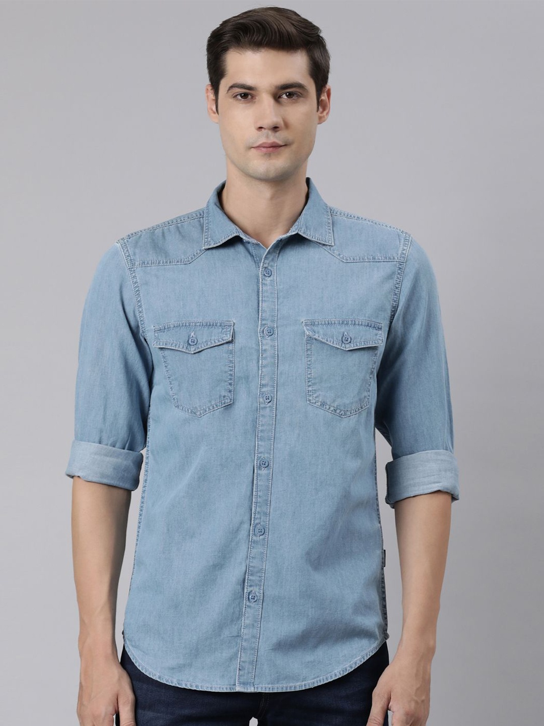 

American Bull Men Spread Collar Solid Cotton Slim Fit Casual Shirt, Blue