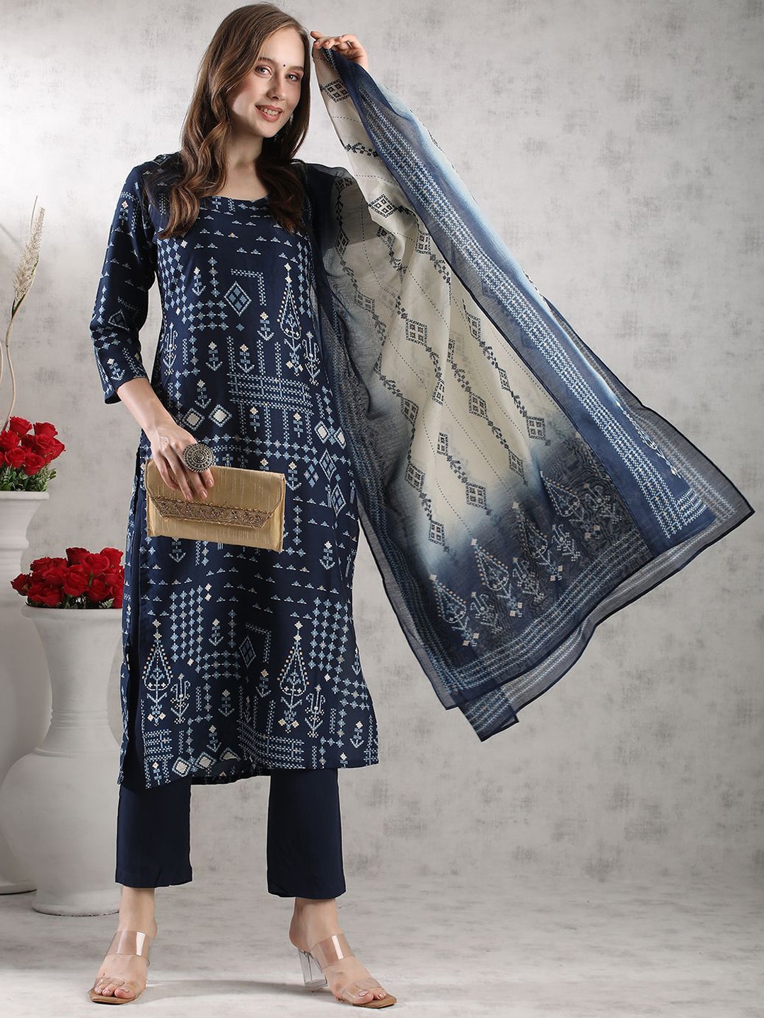 

KALINI Printed Straight Kurta With Trousers & Dupatta, Blue