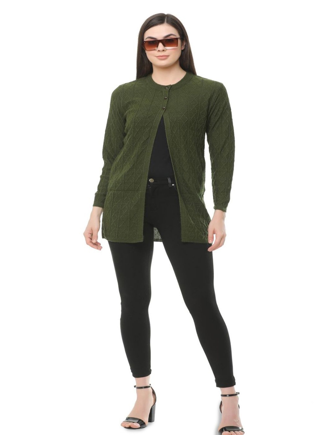 

CLAPTON Cable Knit Self Design Woollen Cardigan Sweater, Olive