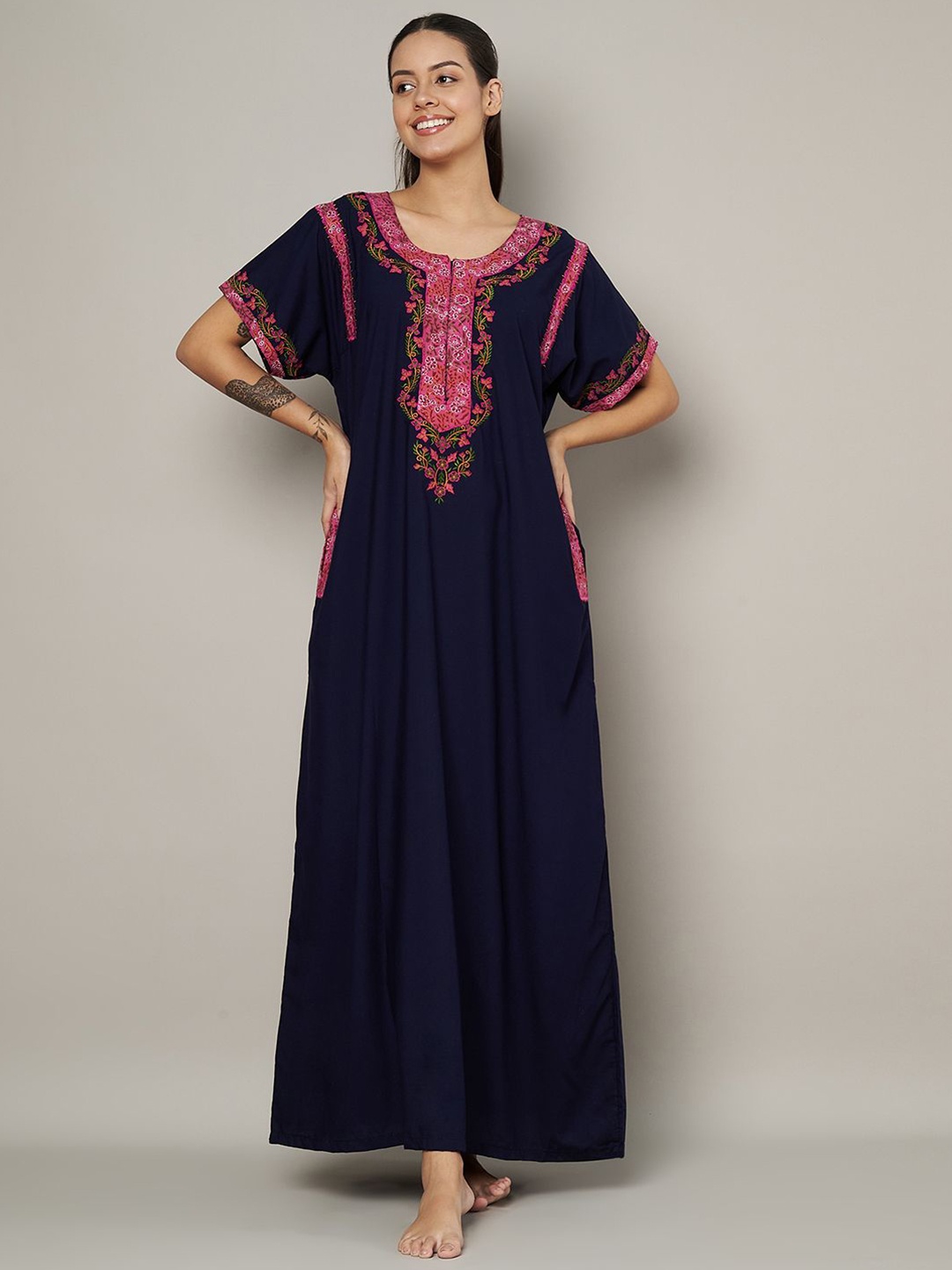 

KOI SLEEPWEAR Women Embroidered Maxi Nightdress, Navy blue