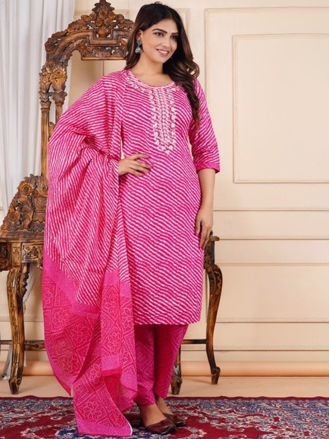 

AAYUMI Women Striped Regular Thread Work Pure Cotton Kurta with Trousers & With Dupatta, Pink