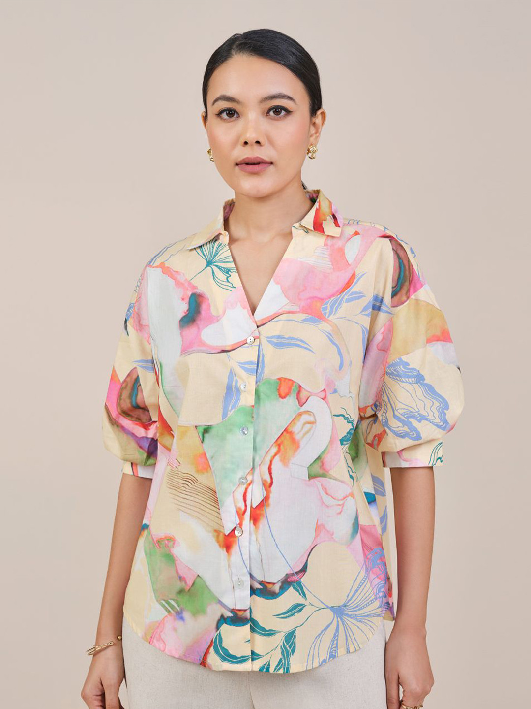 

AND Women Abstract Printed Cotton Shirt Style Top, Yellow