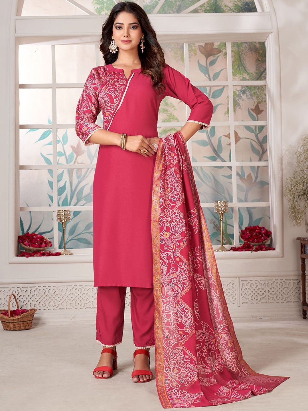 

KALINI Ethnic Motifs Printed Straight Kurta with Trousers & Dupatta, Pink
