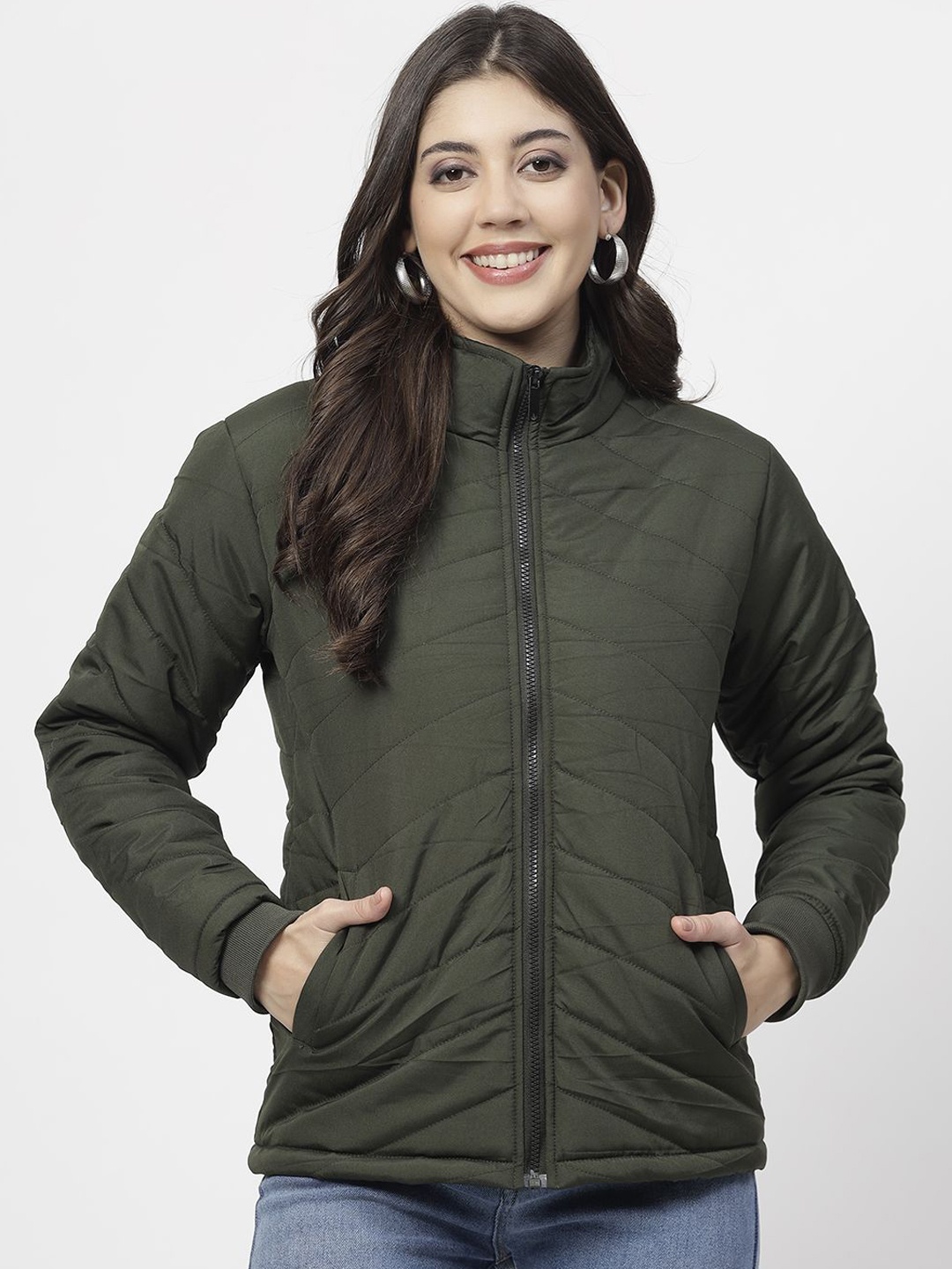 

WELL QUALITY Women Mock Collar Solid Casual Padded Jacket, Olive