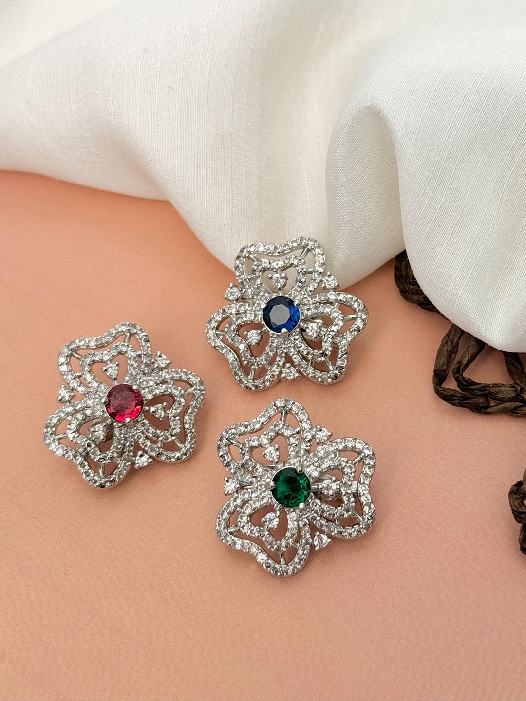 

ABDESIGNS Set Of 3 Artificial Stones Studded Saree Clips, Silver