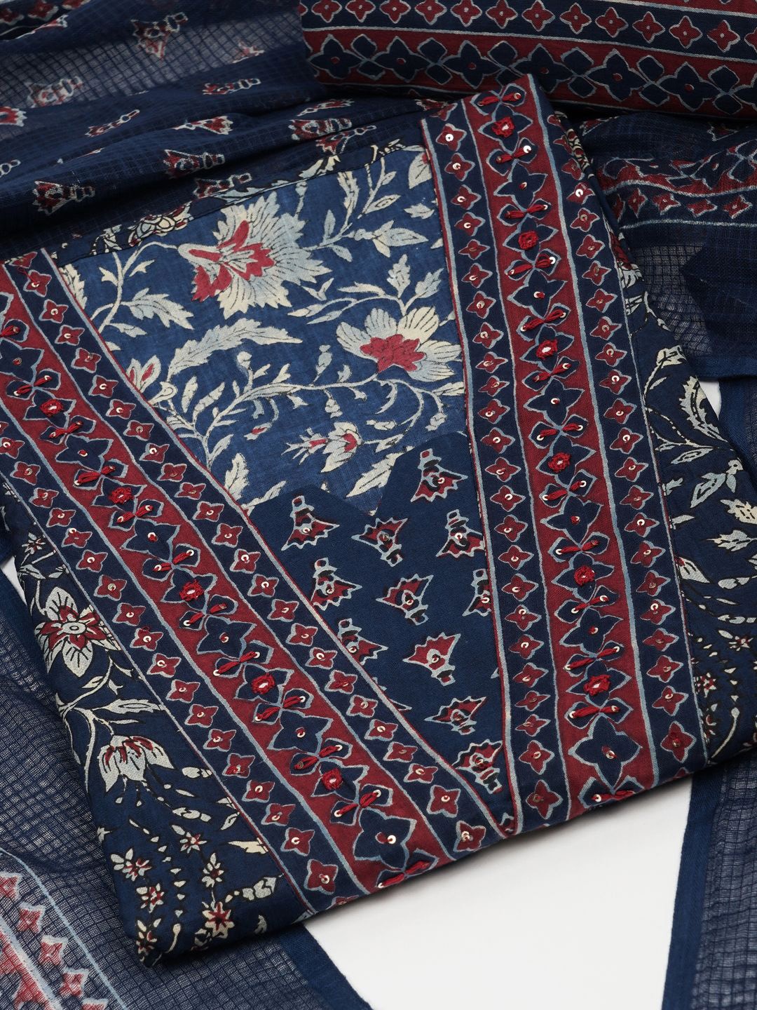 

KAMI KUBI Floral Printed Sequinned Pure Cotton Unstitched Dress Material, Blue