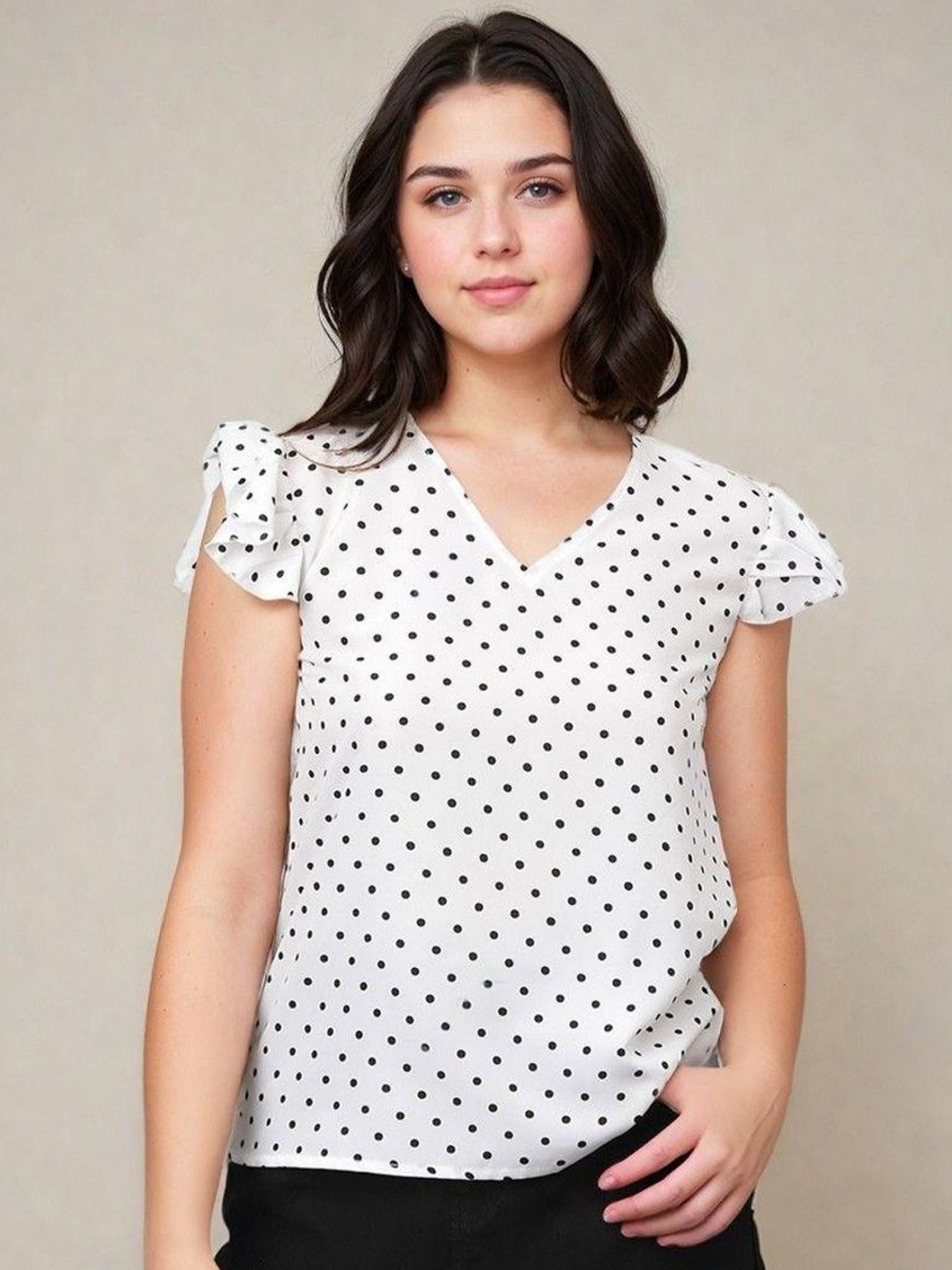 

Kotty Women Polka Dot Printed V-Neck Flutter Sleeve Top, White