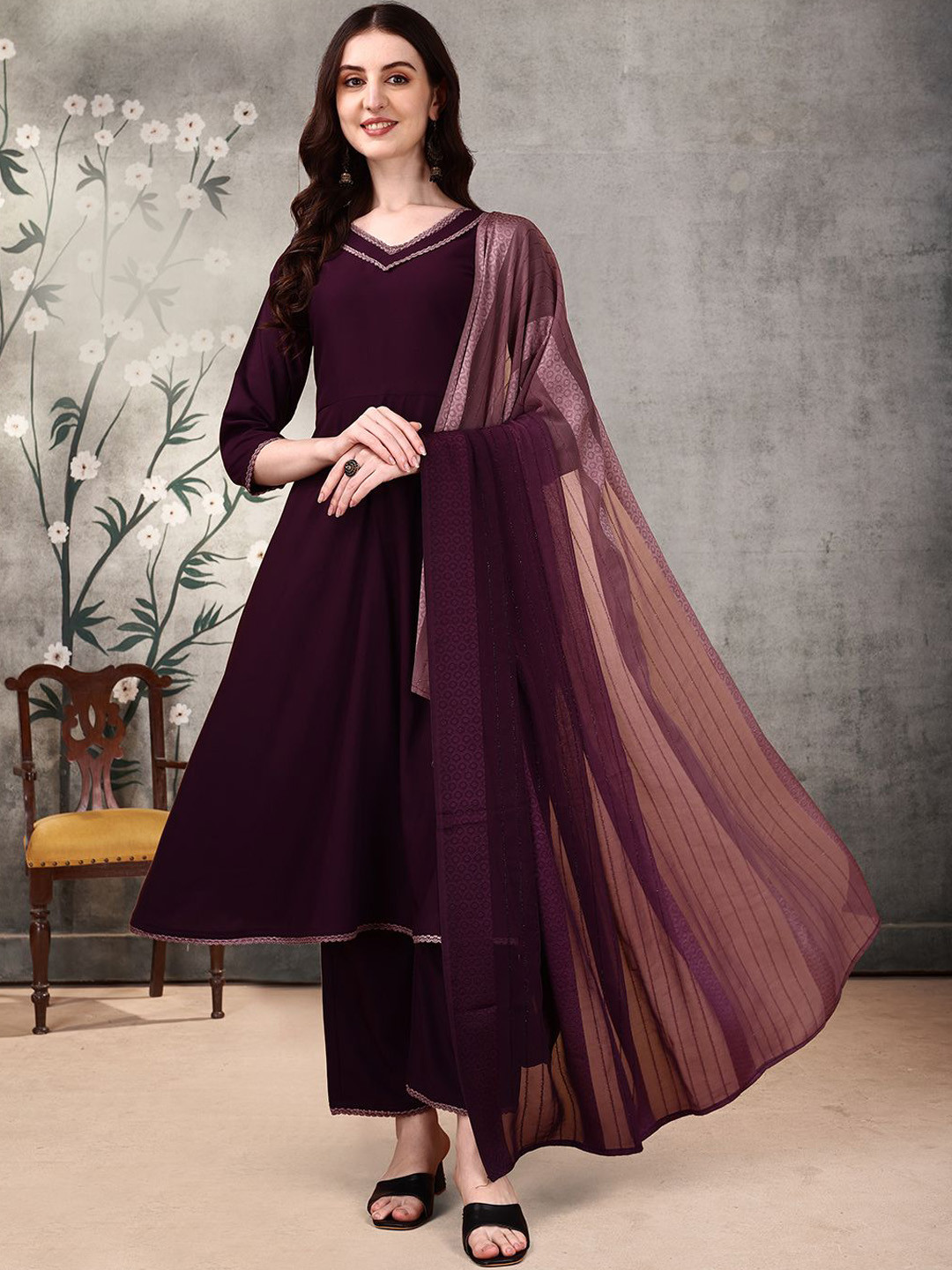 

KALINI V-Neck A-Line Kurta with Trouser & Dupatta, Purple