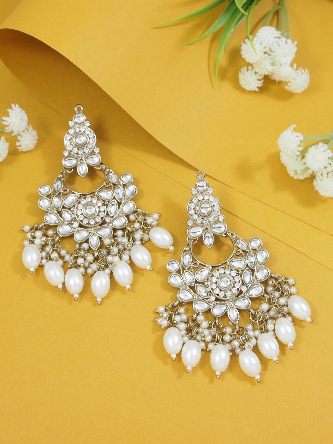 

I Jewels Gold-Plated Contemporary Kundan Stud Chandbalis Earrings, White