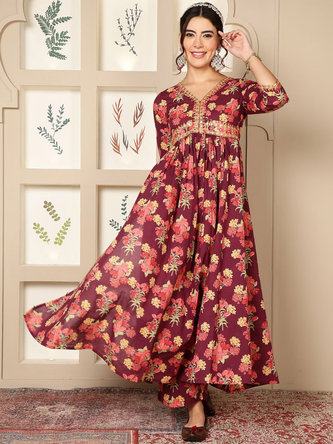 

KIMAYRA Floral Printed Regular Anarkali Kurta with Palazzos, Maroon