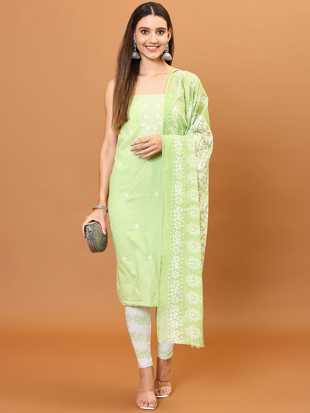 

Meena Bazaar Floral Embroidered Unstitched Dress Material, Green
