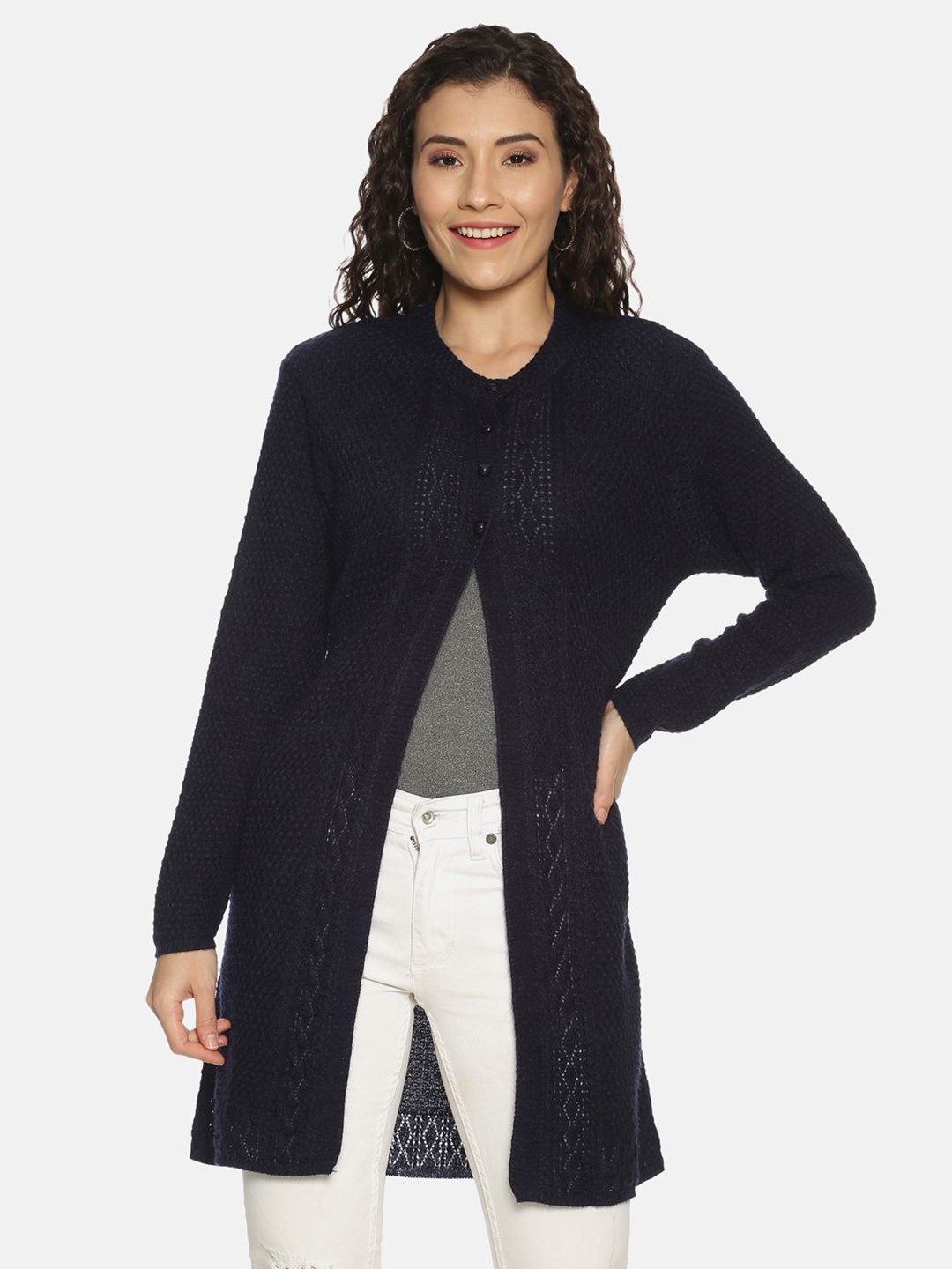 

CLAPTON Self Design Woollen Button Shrug, Navy blue