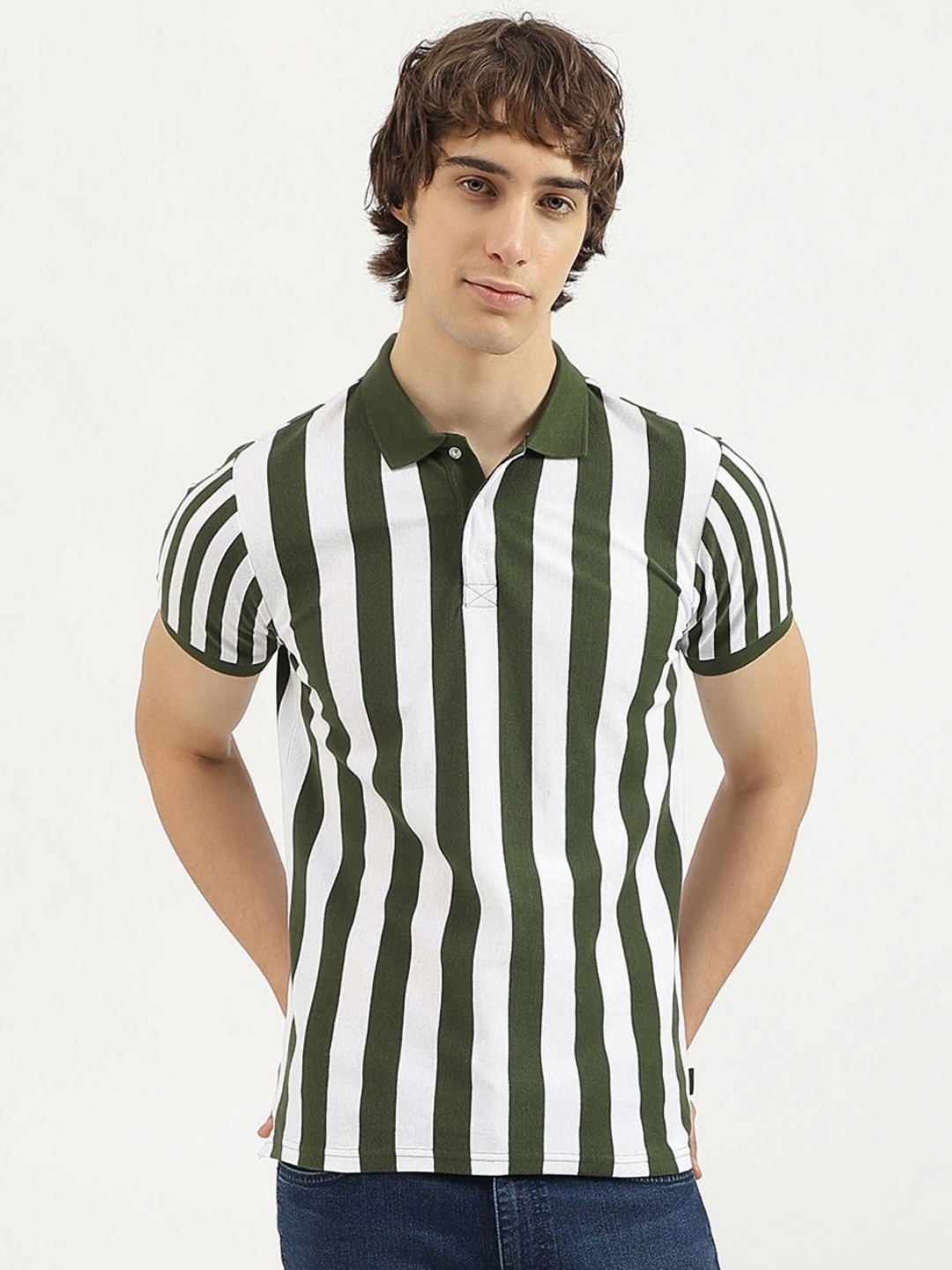 

United Colors of Benetton Men Striped Polo Collar Pure Cotton T-shirt, Green