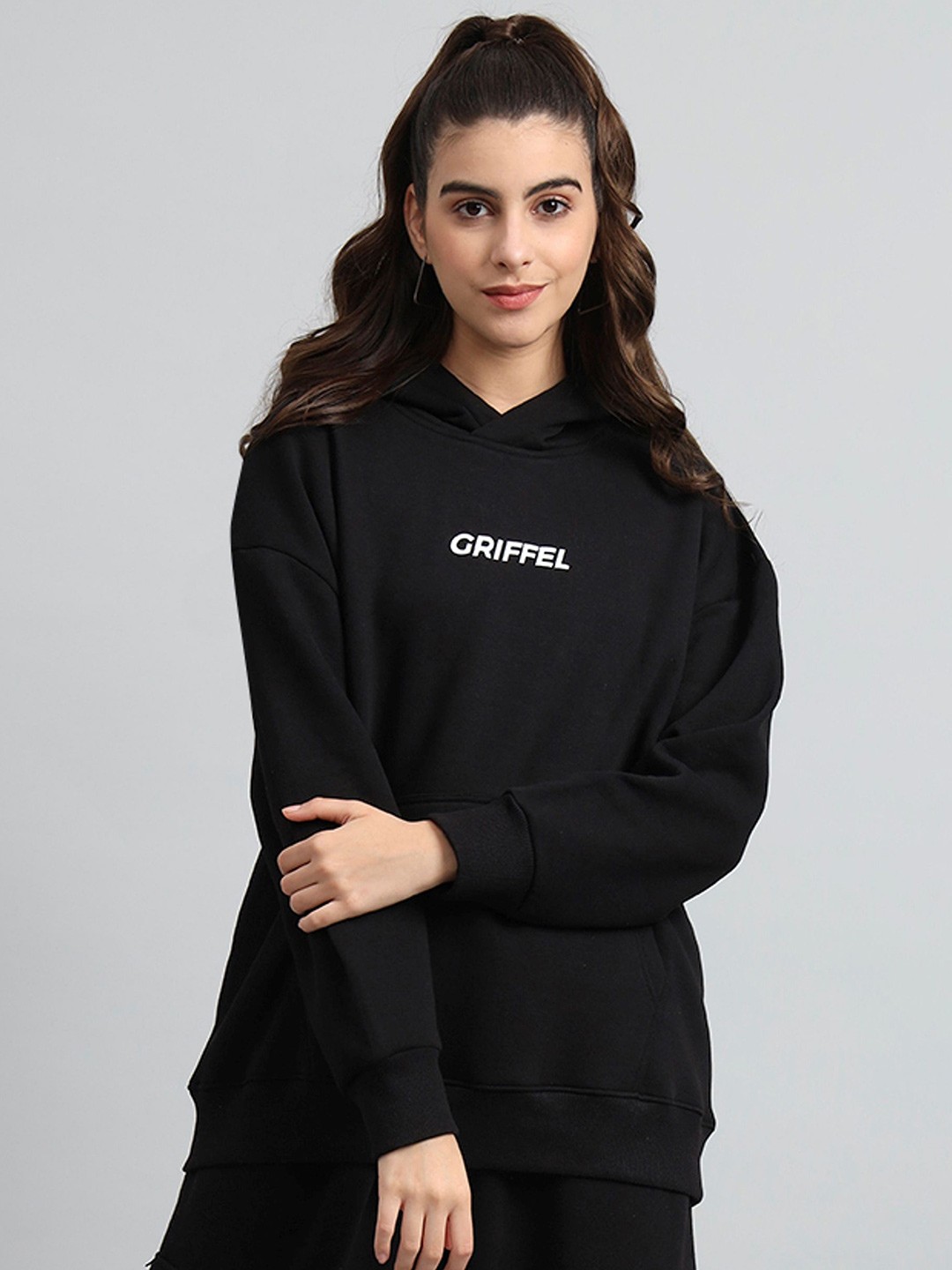 

GRIFFEL Women Printed Hooded Sweatshirt, Black