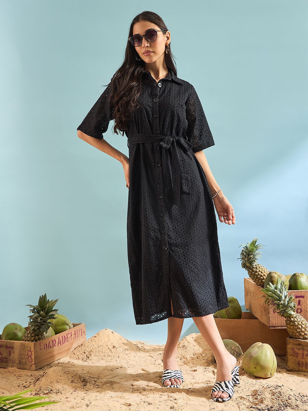 

PANIT Women Self Design A-Line Cotton Midi Dress, Black