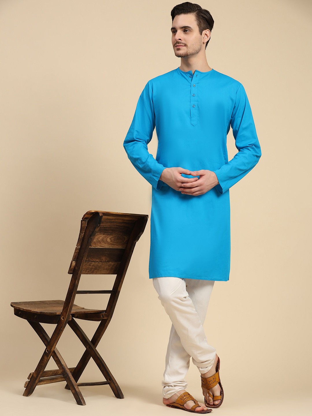 

SKAVIJ Round Neck Long Sleeves Pure Cotton Straight Kurta with Pyjamas, Turquoise blue