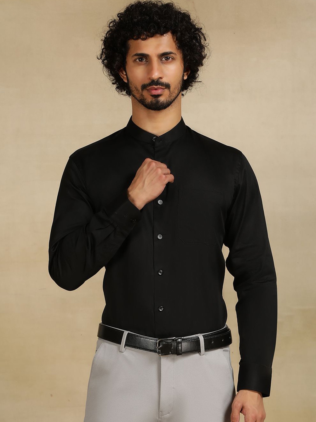 

METAL Men Band Collar Solid Cotton Slim Fit Formal Shirt, Black